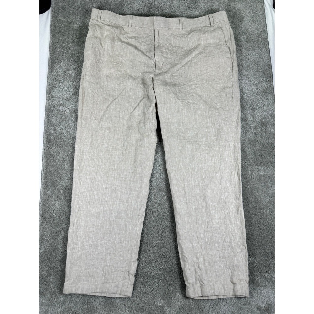 Hinton & Hinton Mens 100% Linen Pants Tan Beige Cuffed Straight Leg 44 RW 44x30